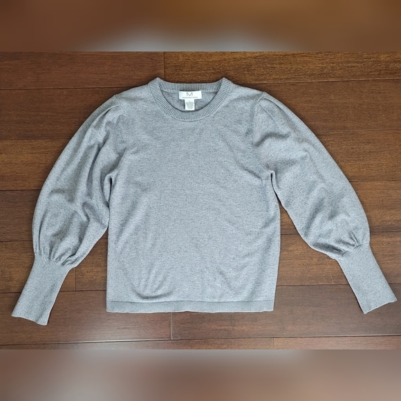 Magaschoni Gray Puff Sleeve Crew Neck Soft Viscose Pullover Sweater Women's L - Picture 5 of 8